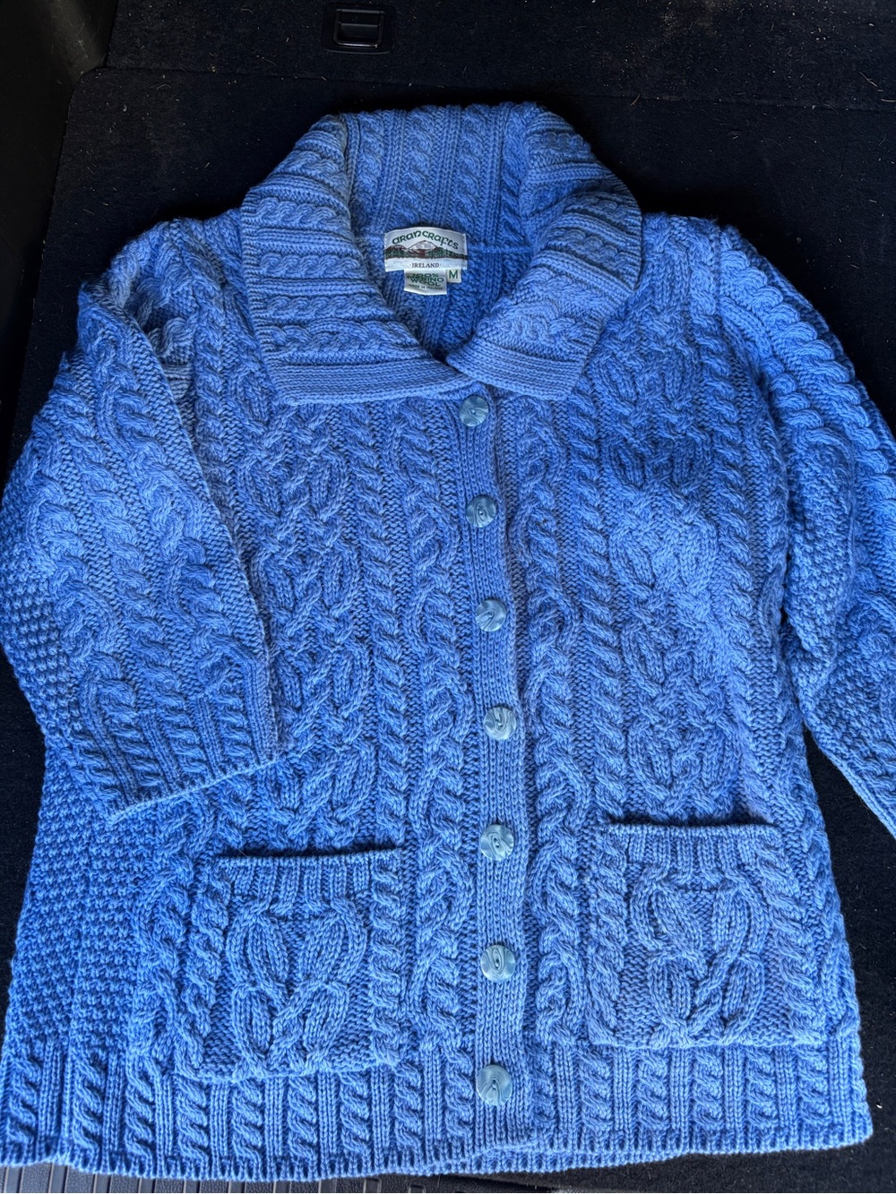 Aran Woollen Mills Irish Wool Cable Knit Cardigan Sweater Blue M